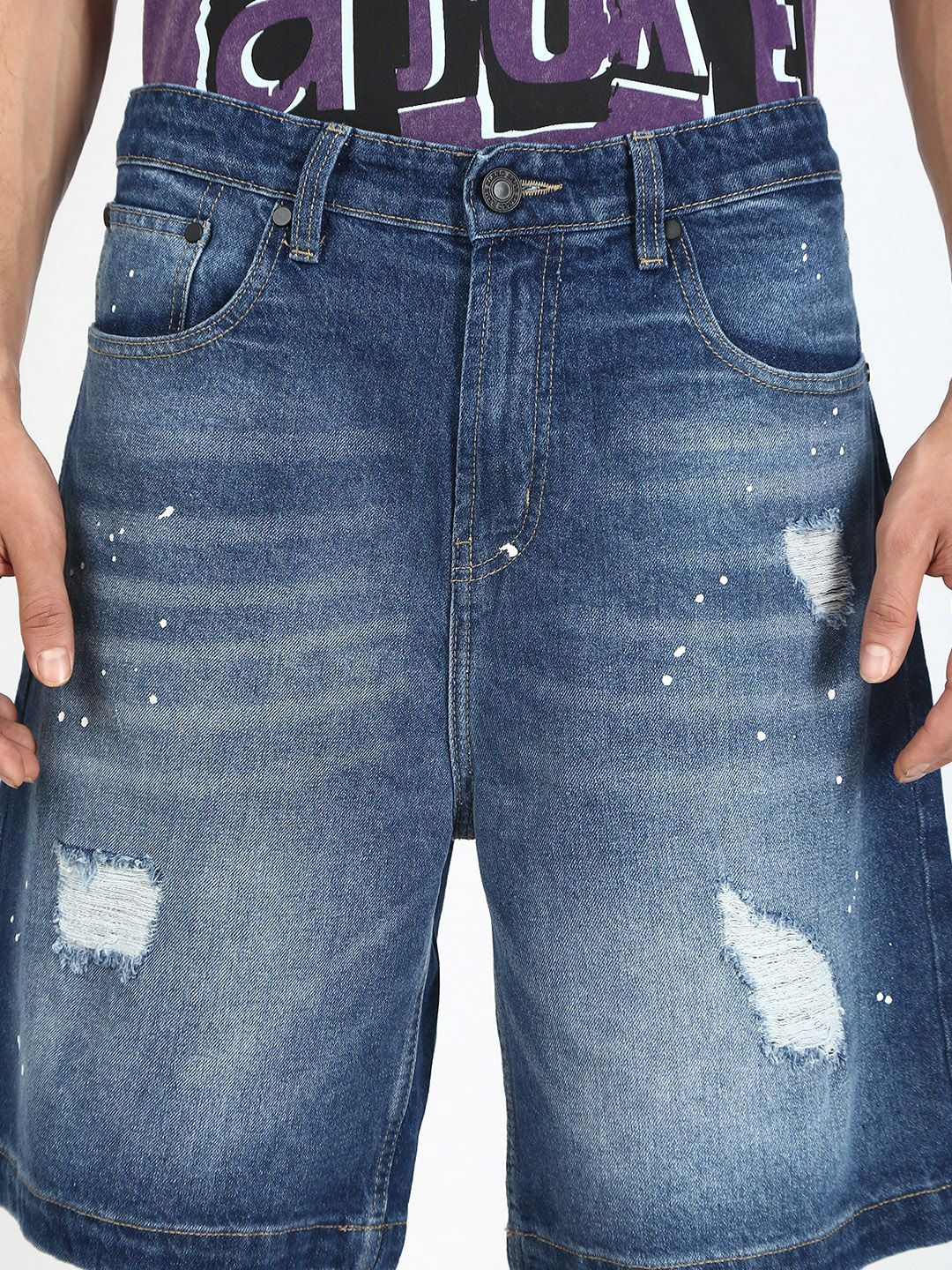 Bene Kleed Men Baggy Fit Paint Splatter Distressed Denim Shorts