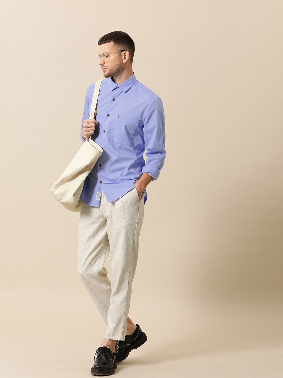 Mr Bowerbird Men Blue Solid Tailored Fit Casual Shirt