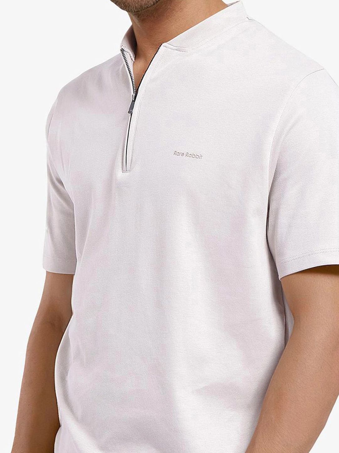 RARE RABBIT Men Solid Mandarin Collar Cotton T-shirt
