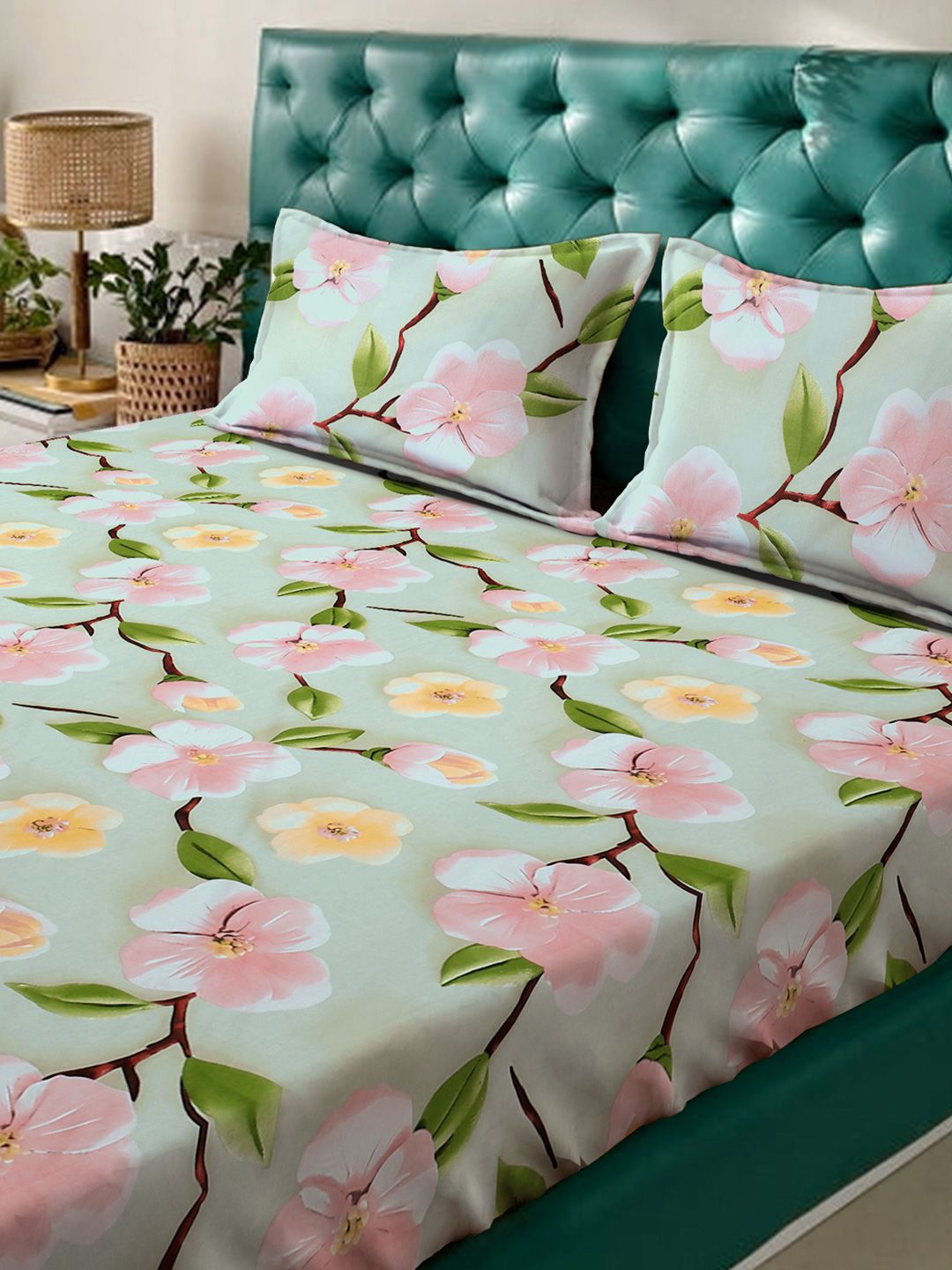 KLOTTHE Green Floral Printed Dilengkapi 300 TC King Double 7D Cadar Dengan 2 Sarung Bantal