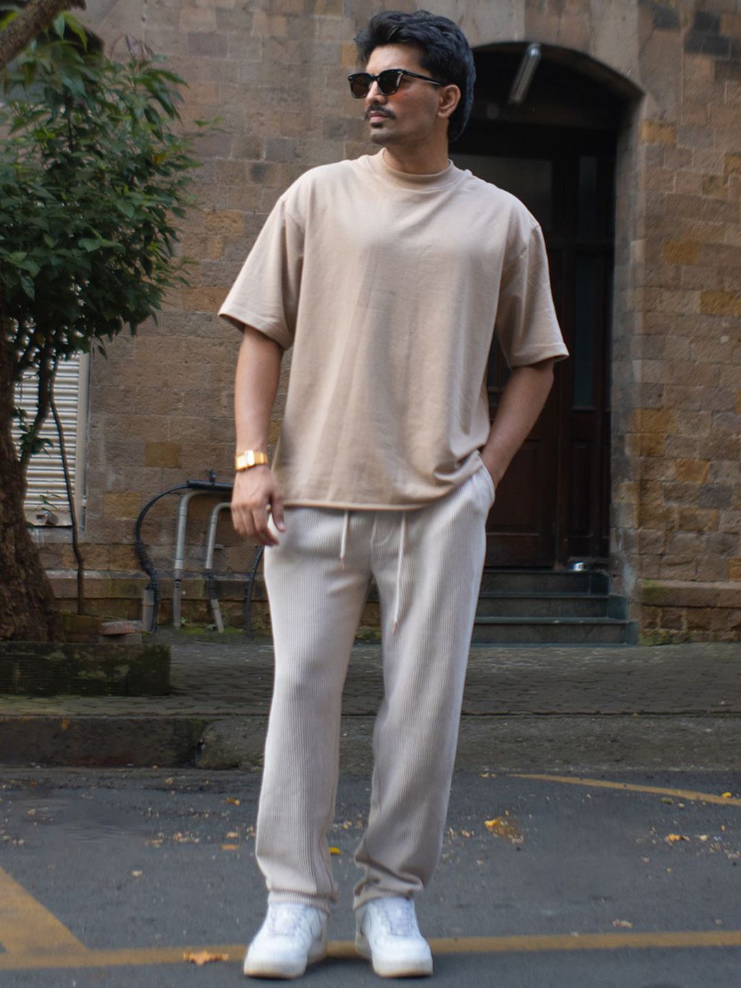 Powerlook Men Light Beige Corduroy Regular Fit Track Pant