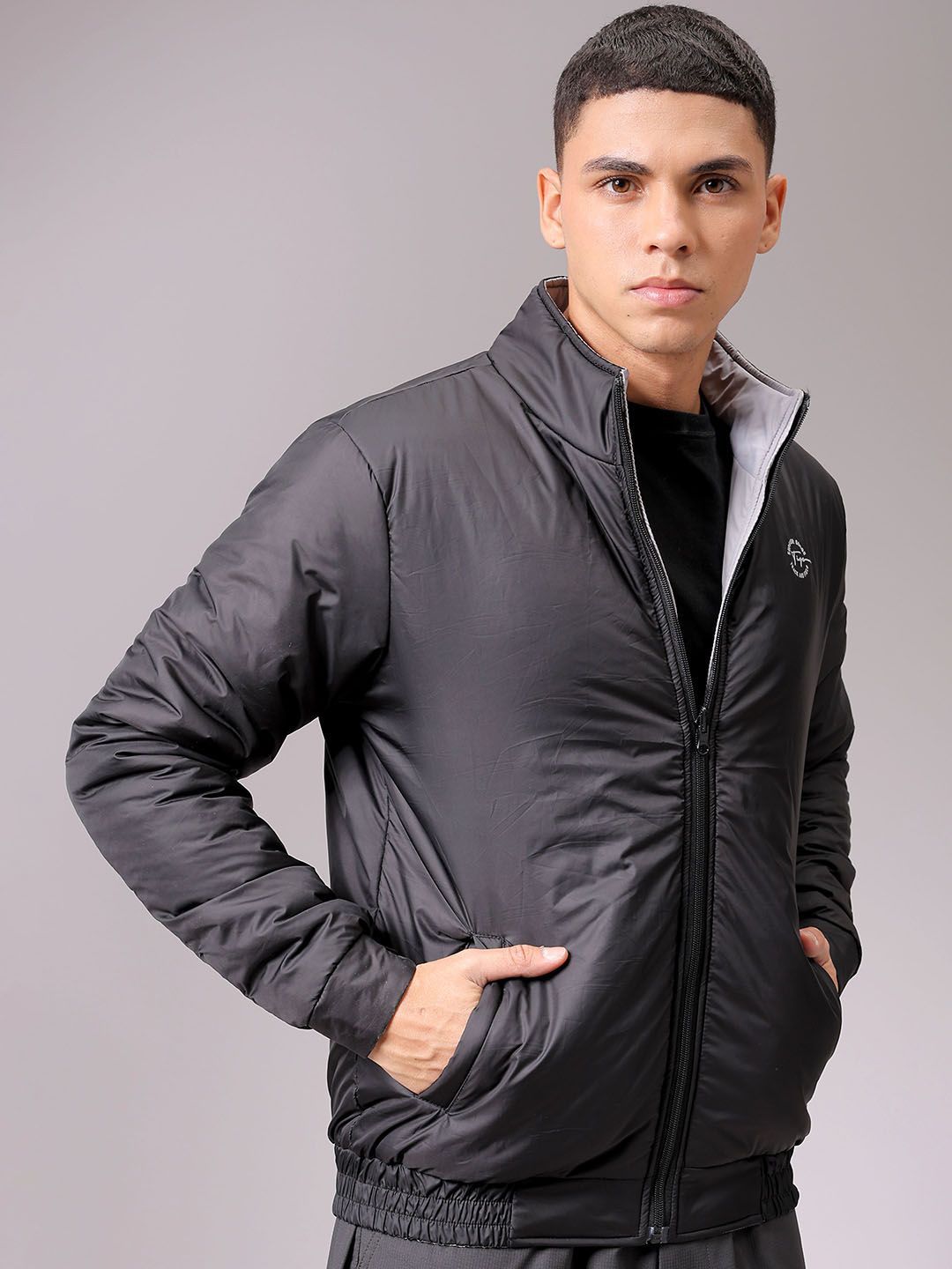 The Indian Garage Co Men High Neck Solid Revesible Bomber Jacket