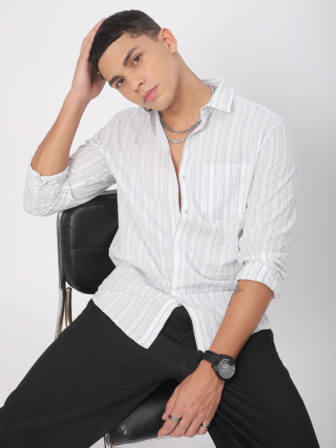 VASTRADO Men Classic Slim Fit Spread Collar Vertical Striped Cotton Casual Shirt