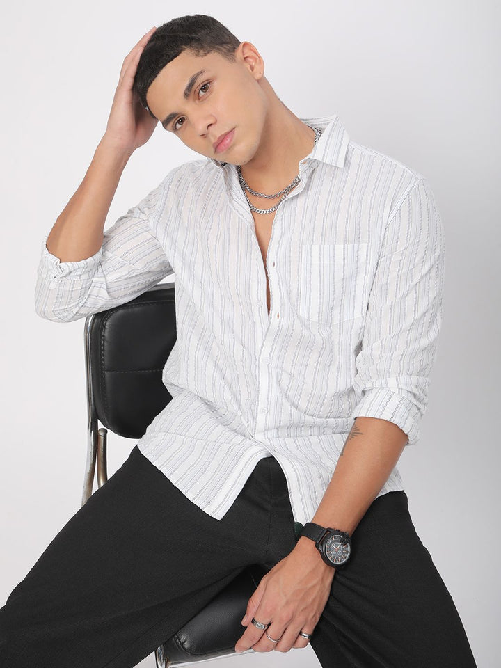 VASTRADO Men Classic Slim Fit Spread Collar Vertical Striped Cotton Casual Shirt