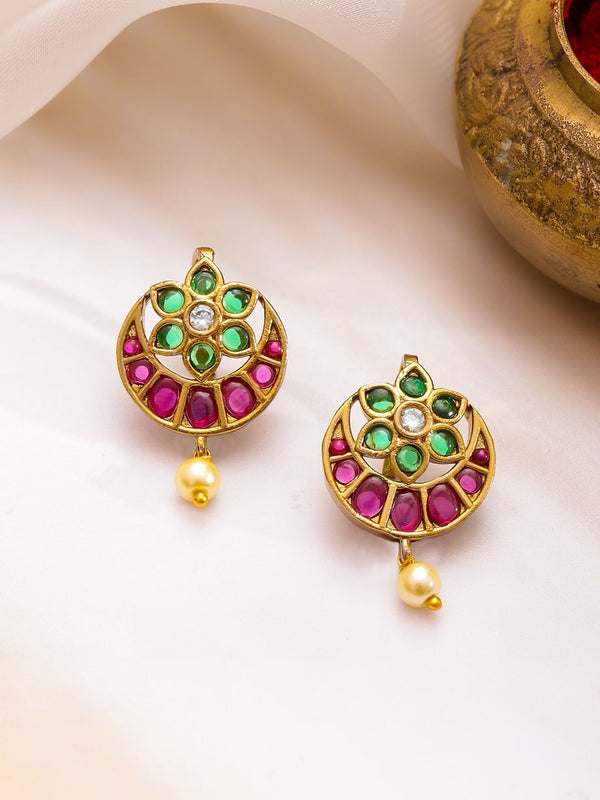 Rubans 22k Gold-Plated Stones Stone & Pearls Beaded Floral Shaped Drop anting-anting