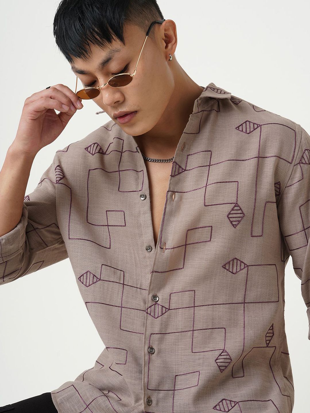 VASTRADO Men Classic Diamond Maze Embroidered Slim Fit Casual Shirt