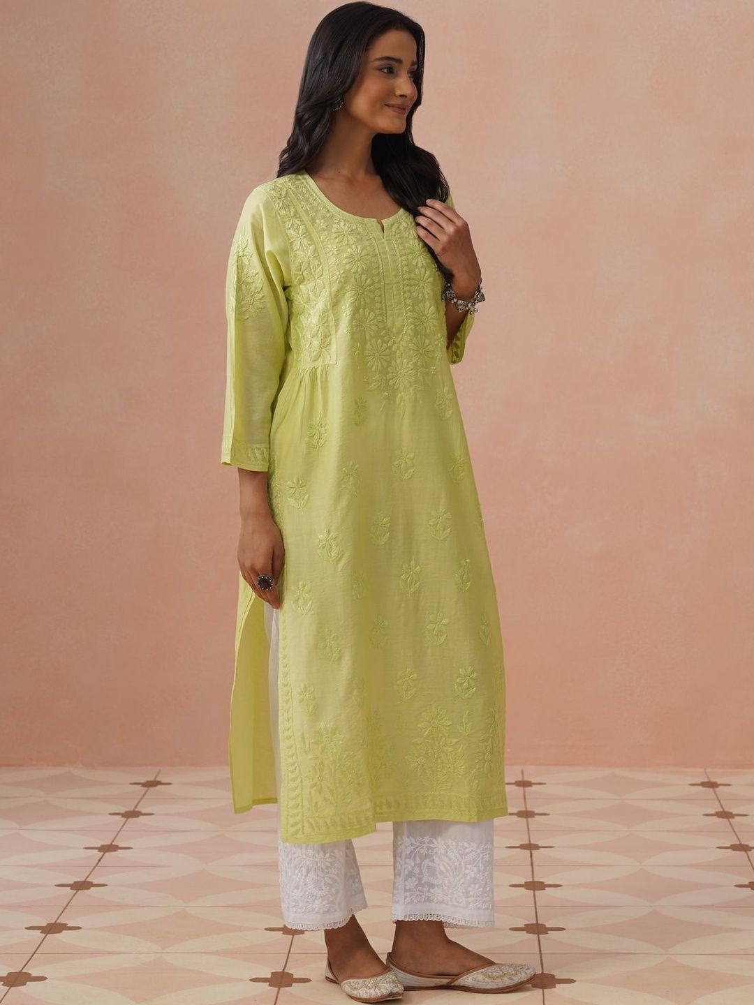 Rumah Wanita Chikankari Motif Etnik Sulam Benang Kerja Kurta