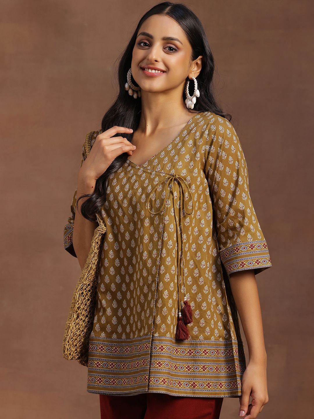 Libas Floral Printed V-Neck Pure Cotton Angrakha Kurti