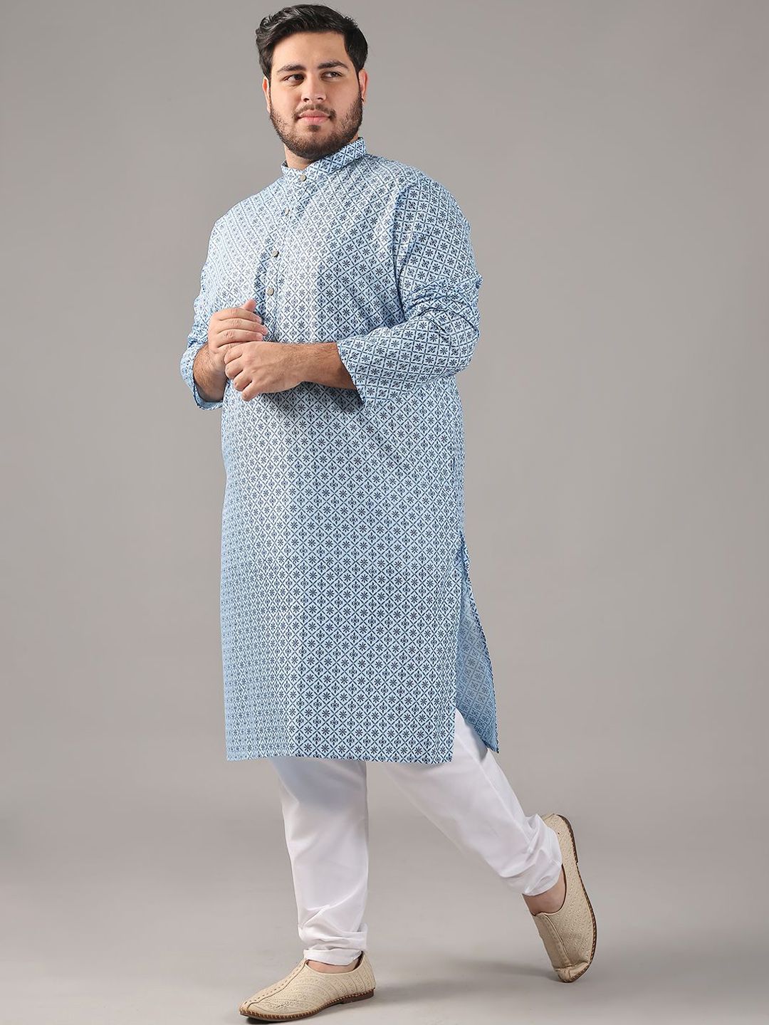 SOJANYA PLUS Plus Size Men Ethnic Motifs Printed Band Collar Straight Kurta With Pyjamas