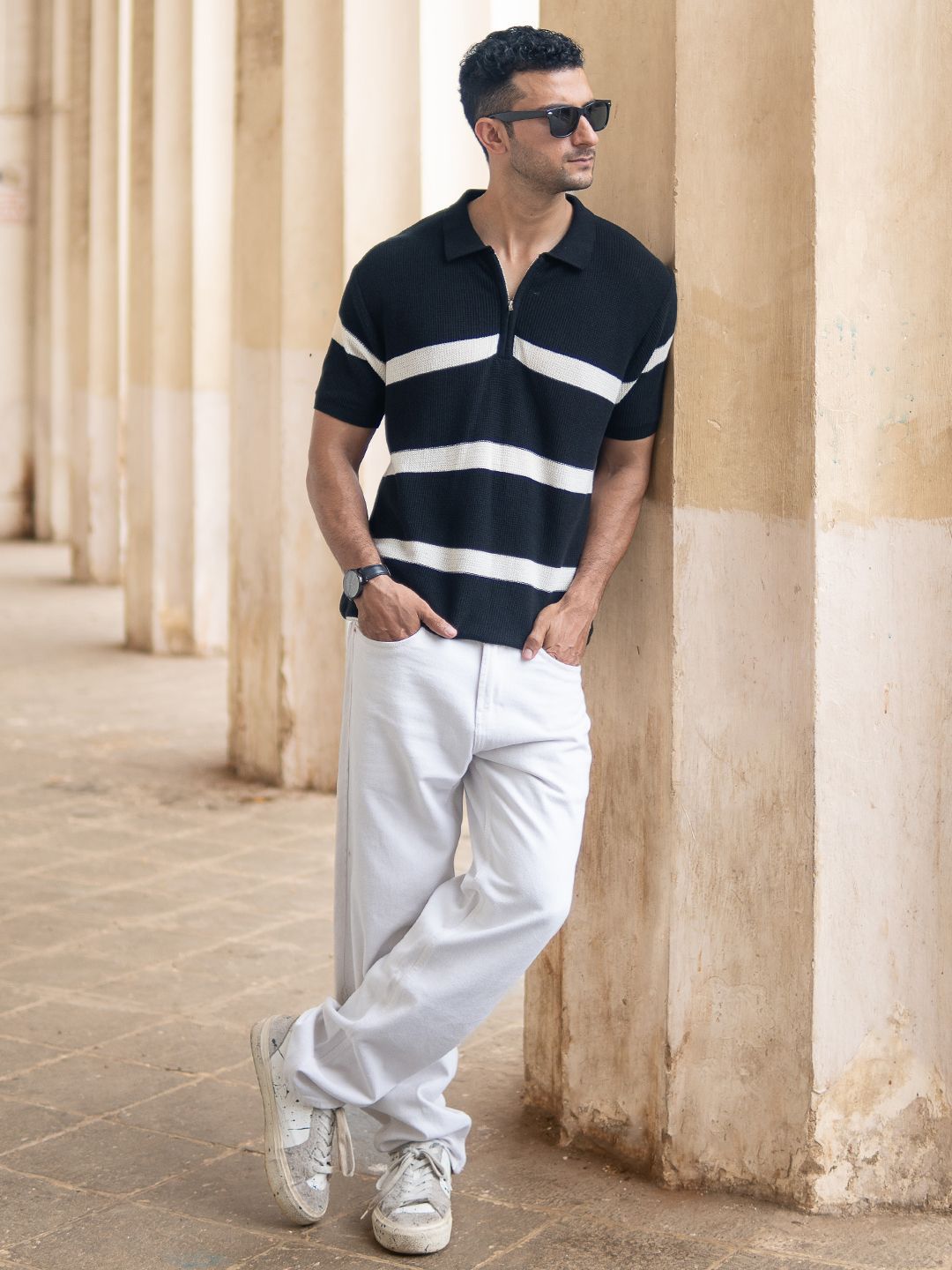 Powerlook Men Black & White Striped Pure Cotton Polo Collar T-shirt