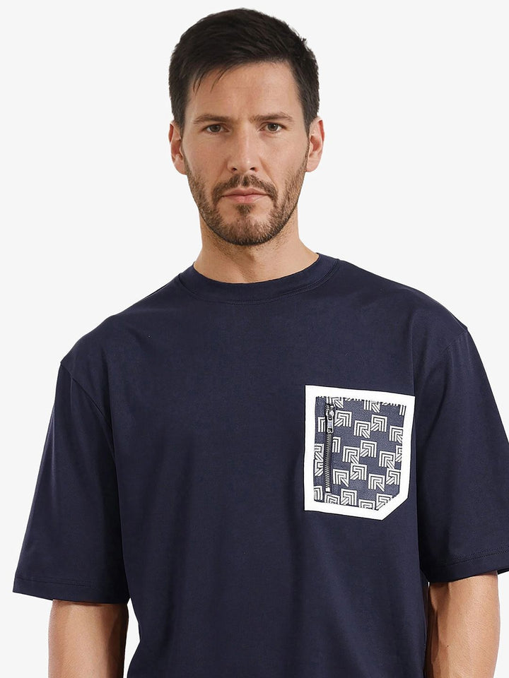 RARE RABBIT Men Solid Round Neck Cotton Oversized T-shirt