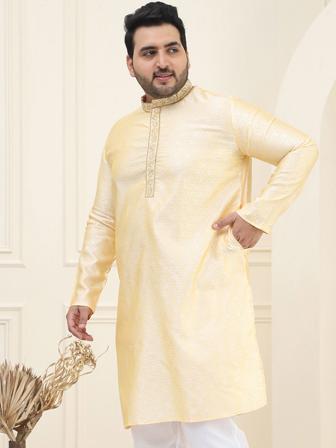 SOJANYA Plus Paisley Woven Design Kolar Mandarin Lengan Panjang Kurta Lurus