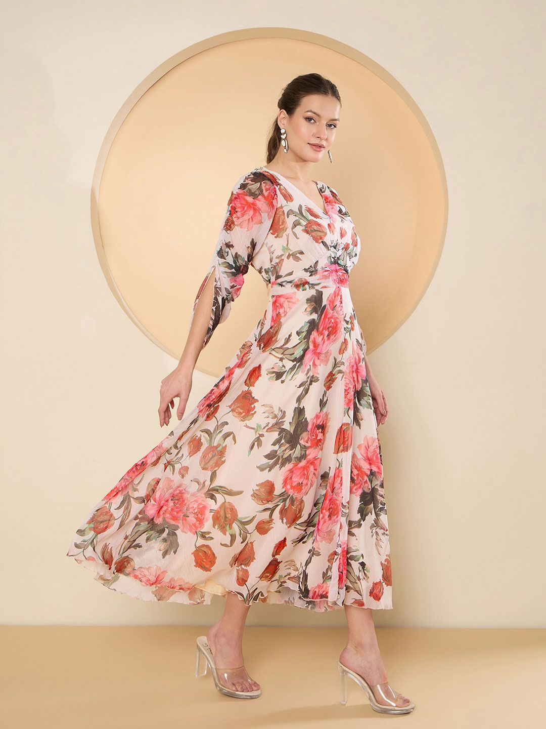 Antheaa Floral Print Chiffon Fit & Flare Midi Dress