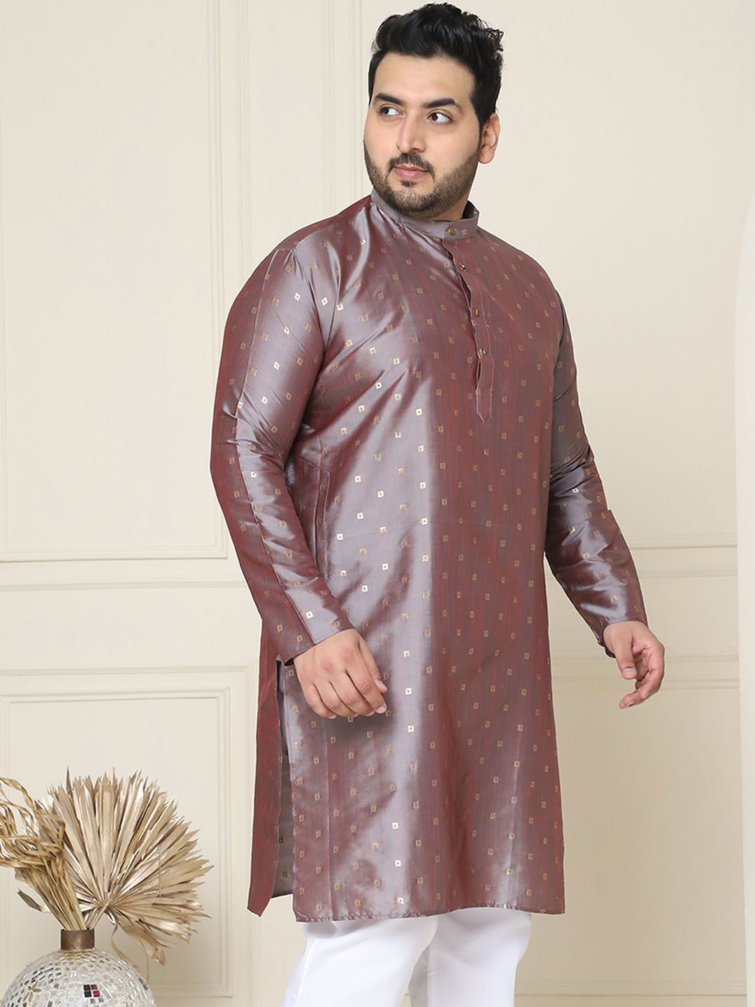 SOJANYA Plus Geometric Woven Design Kolar Mandarin Lengan Panjang Kurta Lurus