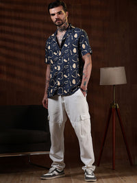Baju Kasual Kapas Kolar Cuba Eszett Bercetak Abstrak