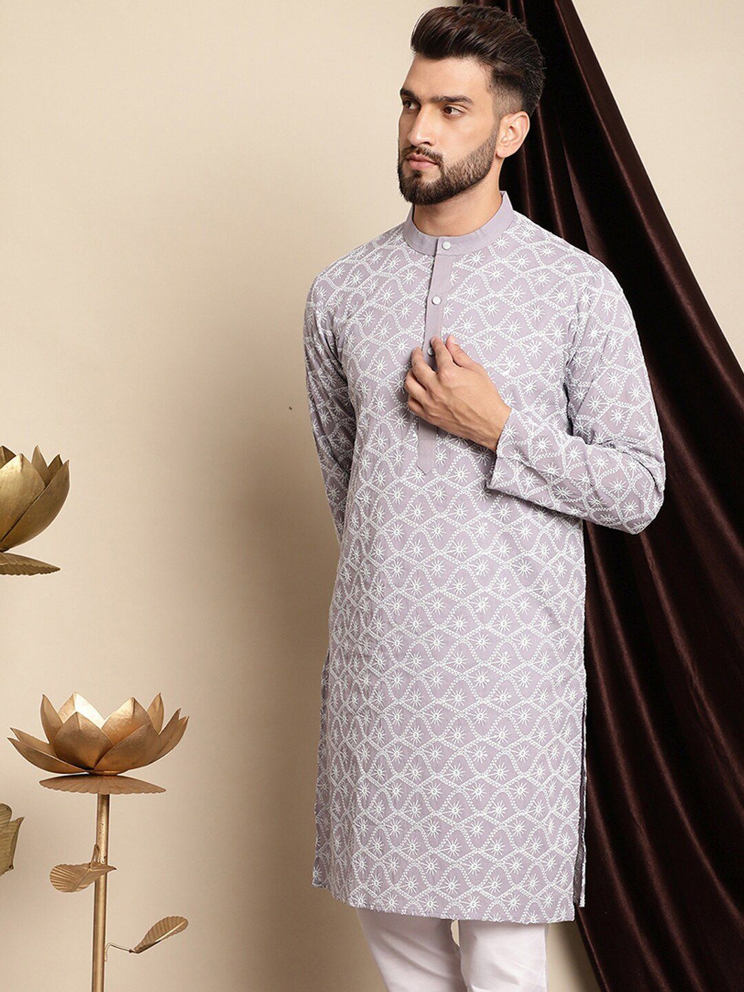 Anouk Ethnic Motifs Embroidered Band Collar Cotton Regular Kurta