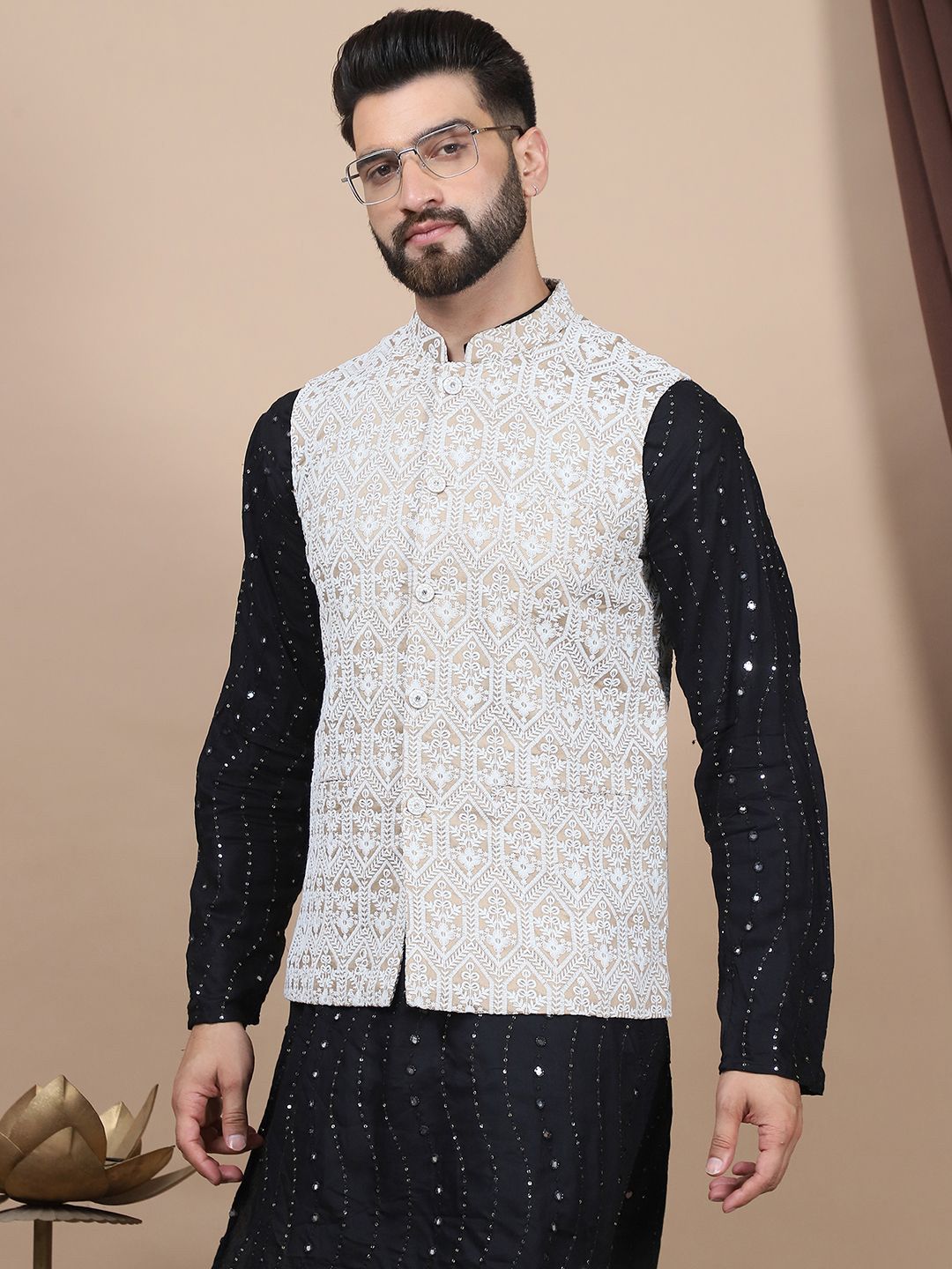 Anouk Floral Embroidered Sequinned Pure Cotton Straight Kurta With Churidar & Nehru Jacket