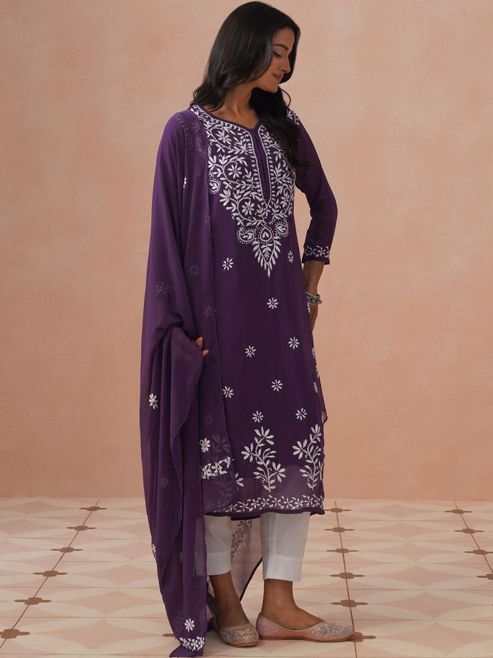 Rumah Wanita Chikankari Sulaman Bunga Chikankari Bunga Indie Georgette Kurta