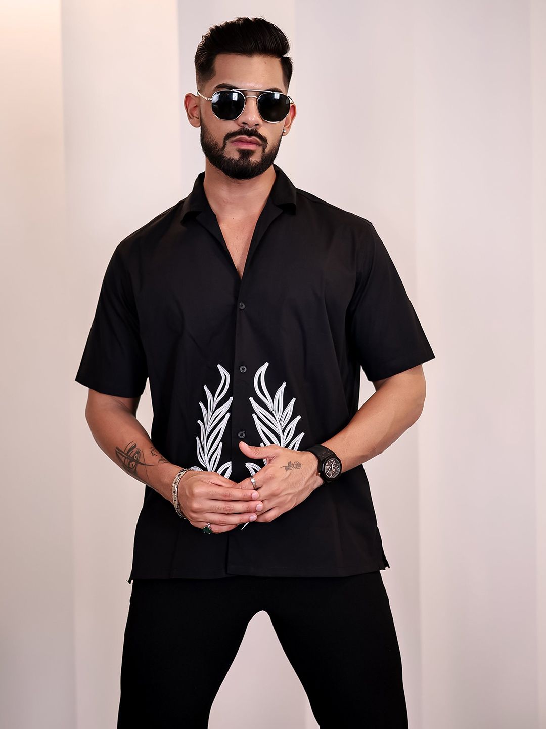 Eszett Men Floral Printed Cuban Collar Cotton Baju Kasual