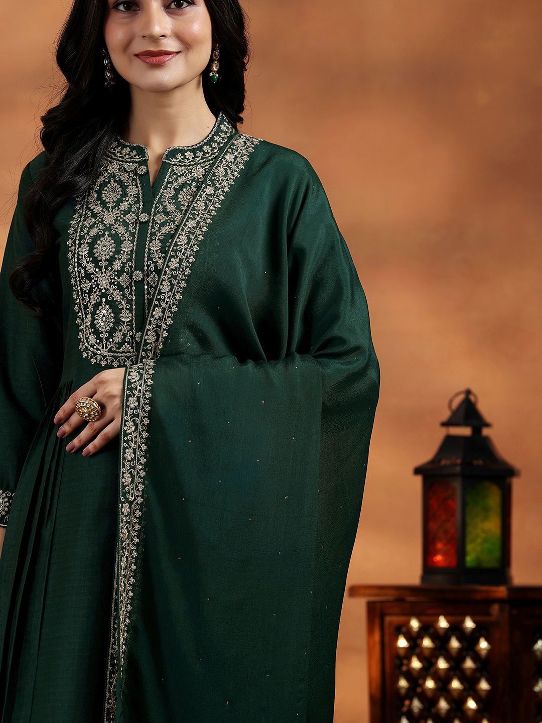 Libas Floral Yoke Design Zari Work Pleated Dobby Weave A-Line Kurta With Trouser & Dupatta