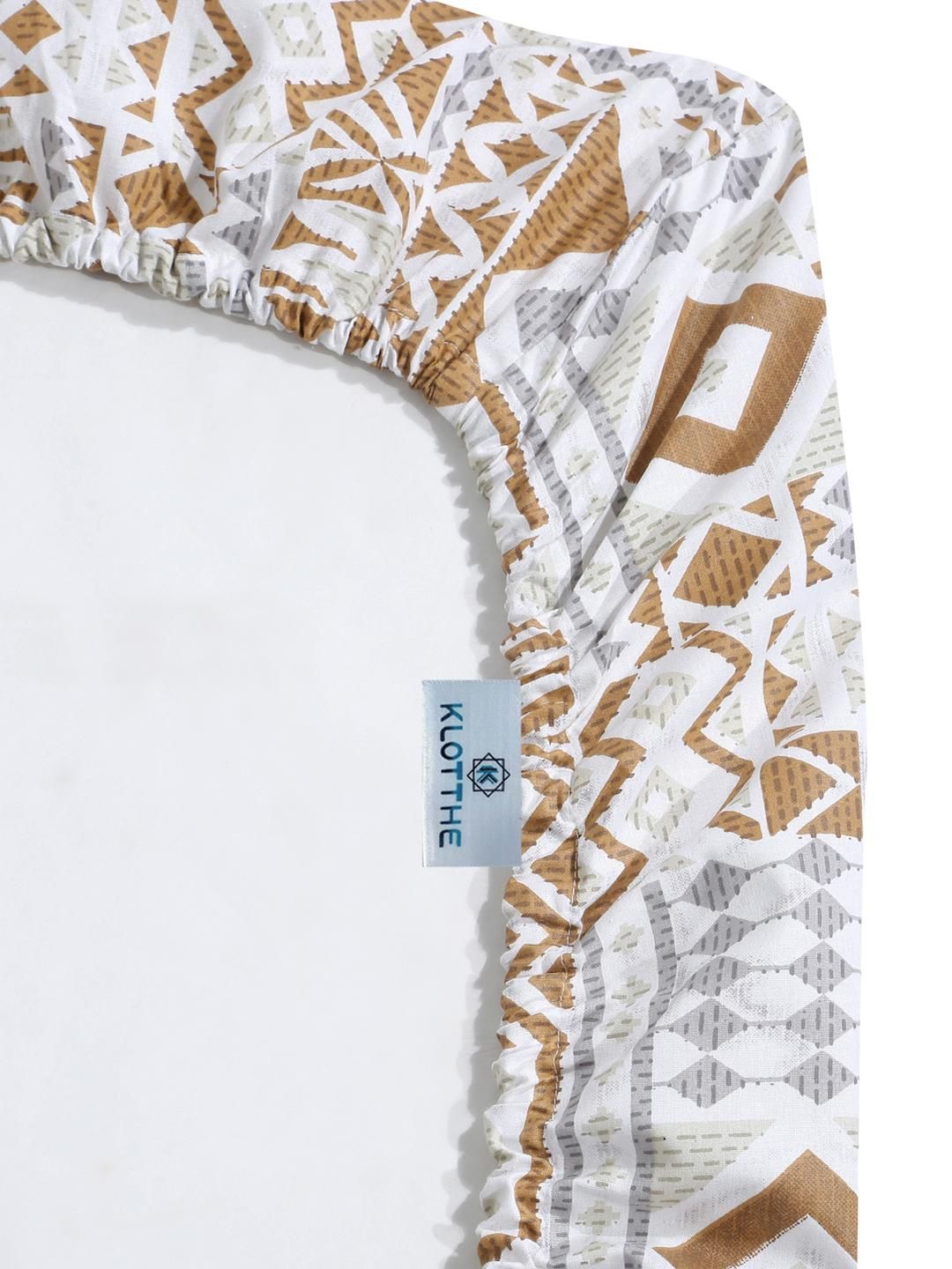 KLOTTHE Mustard Ethanic Printed Fitted 400 TC Cotton Super King Bedsheet & 2 Pillow Covers
