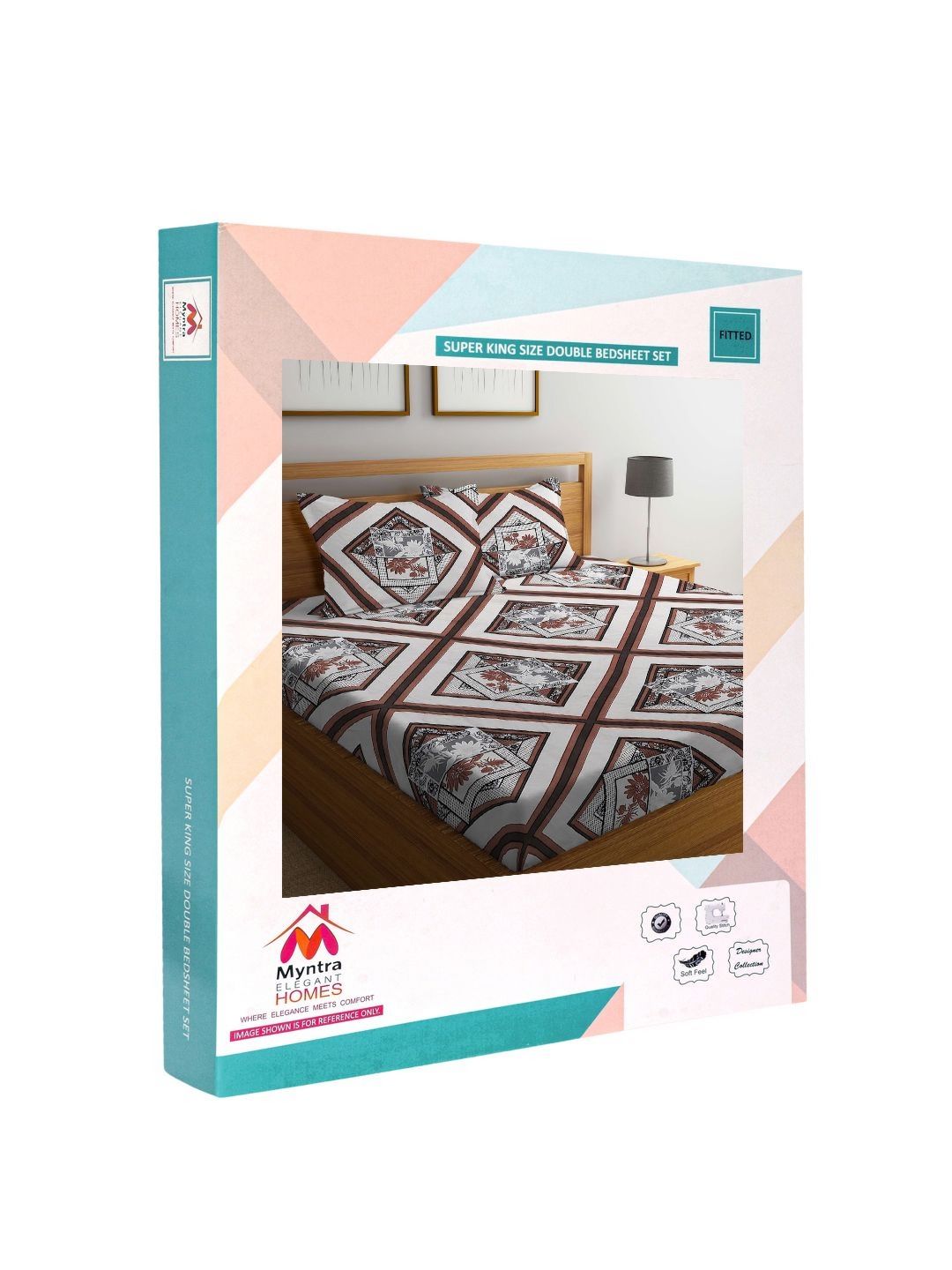 Myntra Elegant Homes White Geometric Cotton 300 TC Fitted Super King Fine Bedsheet with 2 Pillow Covers-106 x 106 inches