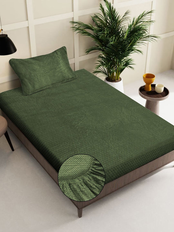 Myntra Elegant Homes Green Solid Fitted 300 TC Wool Single Bedsheet With 1 Pillow Cover