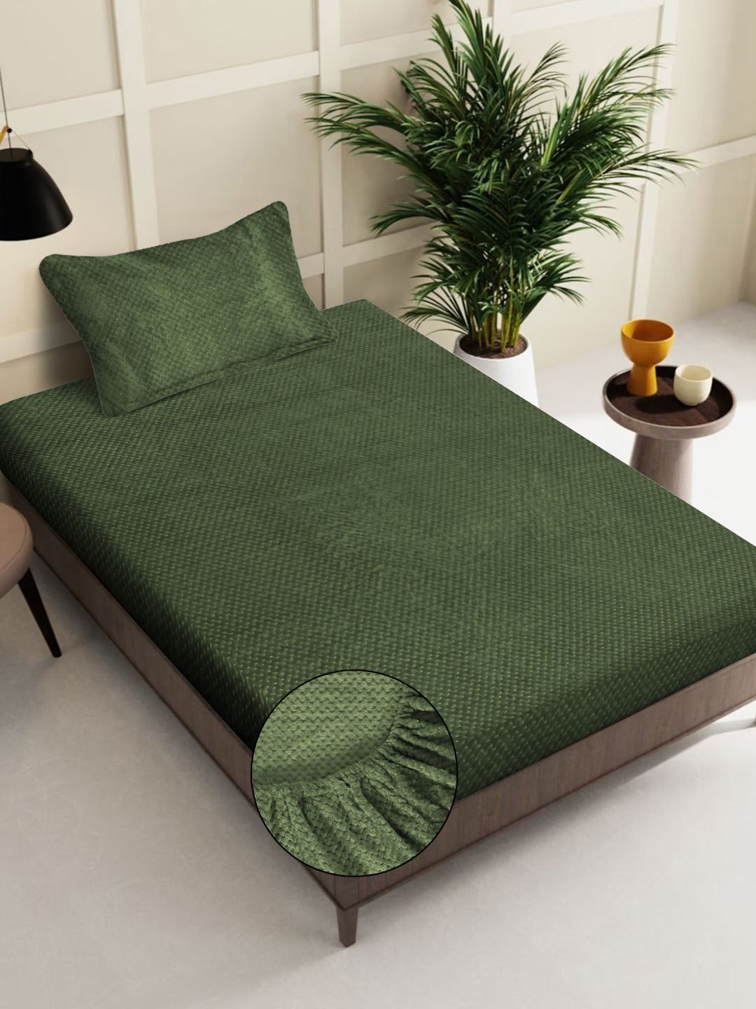 Myntra Elegant Homes Green Solid Fitted 300 TC Wool Single Bedsheet With 1 Pillow Cover