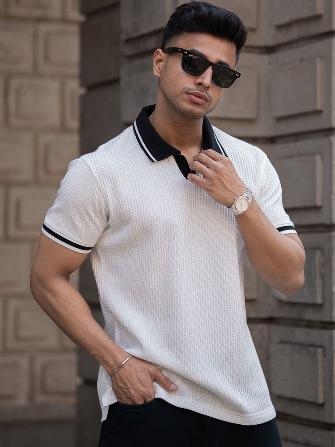 Powerlook Men Self Design Polo Collar Cotton T-shirt
