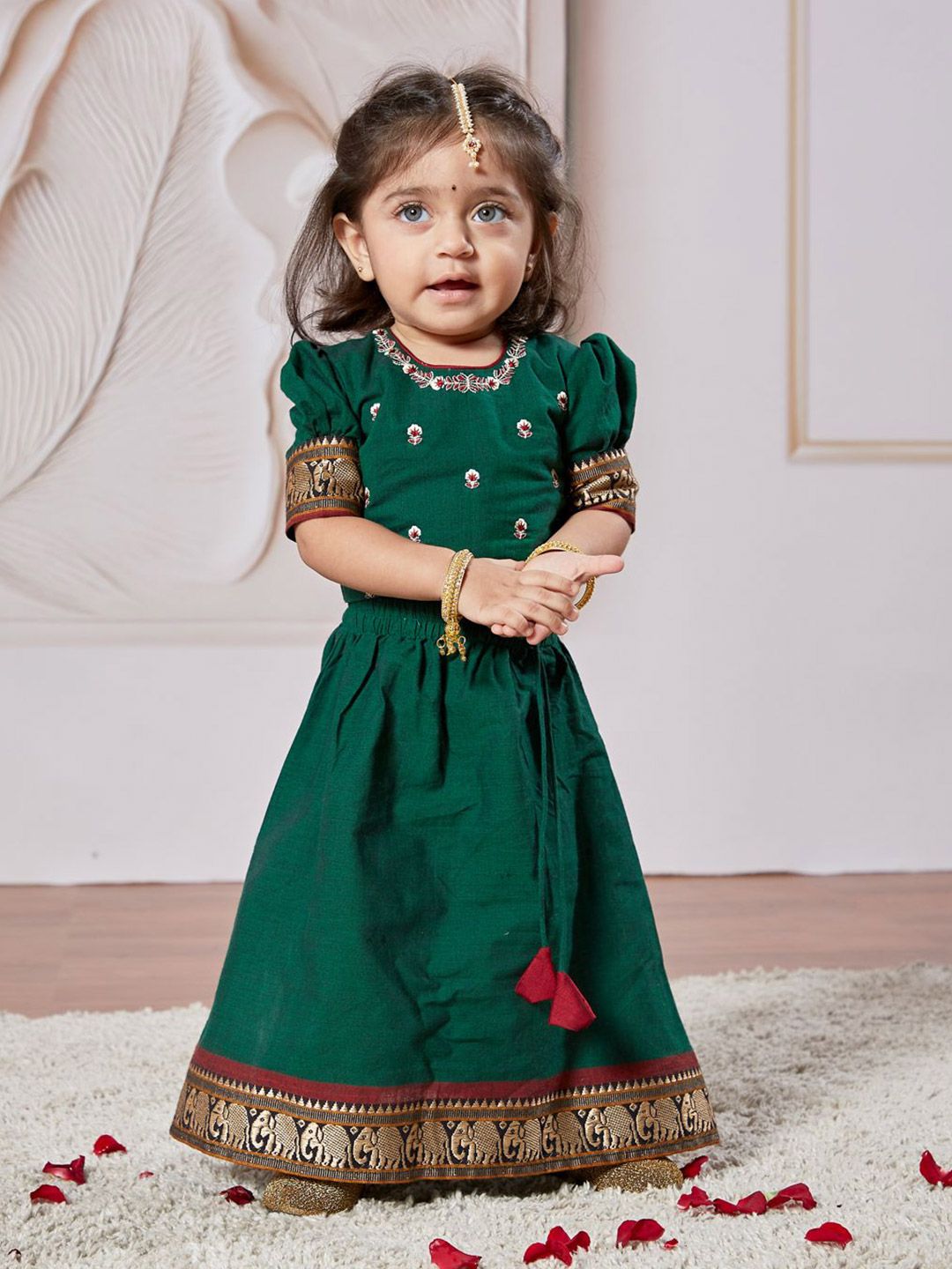 VASTRAMAY Girls Embroidered Thread Work Puffed Sleeves Cotton Ready to Wear Lehenga Choli