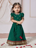 VASTRAMAY Girls Embroidered Thread Work Puffed Sleeves Cotton Ready to Wear Lehenga Choli