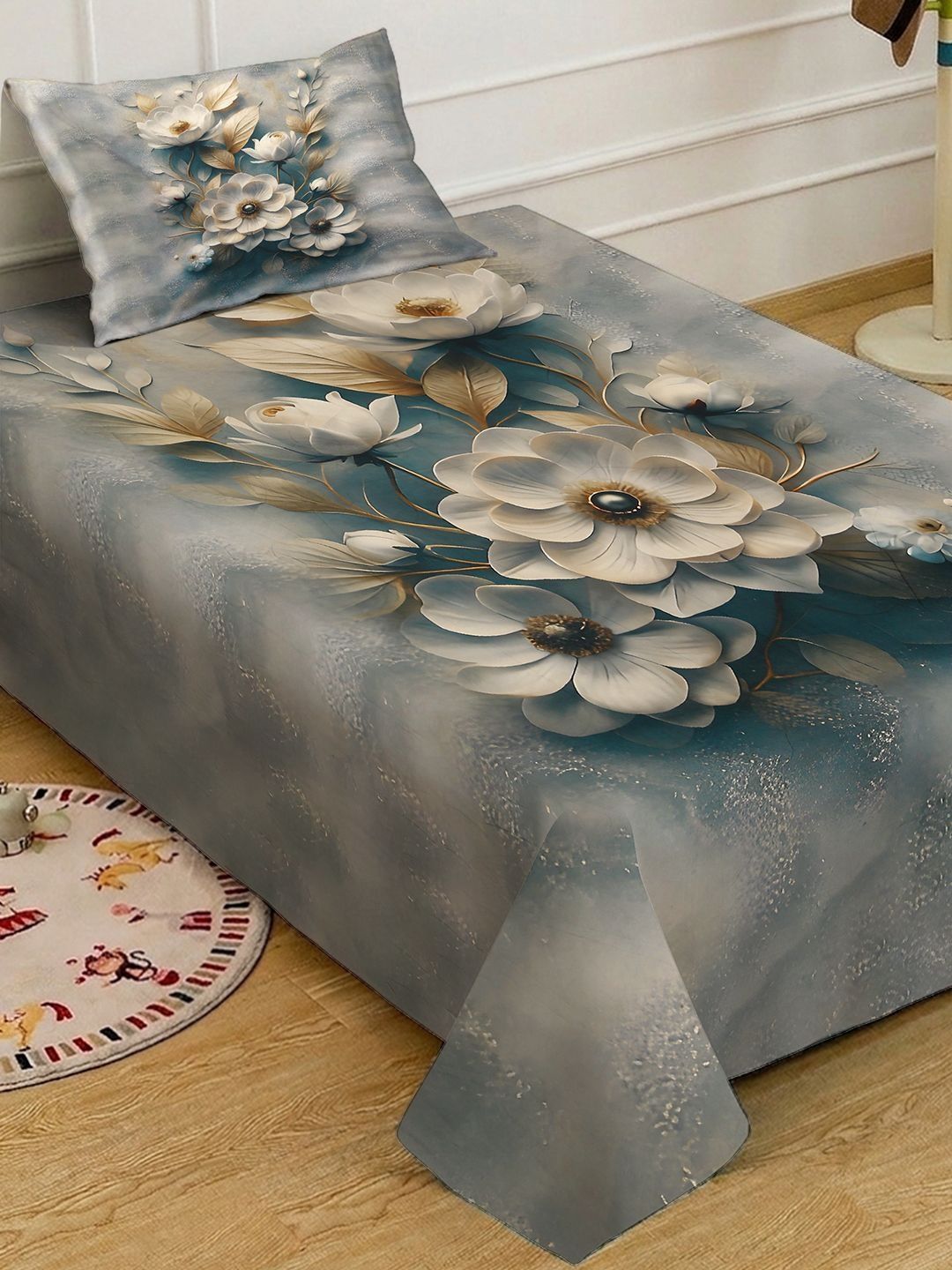 KLOTTHE Grey & Blue Floral 300 TC Single Bedsheet with 1 Pillow Covers