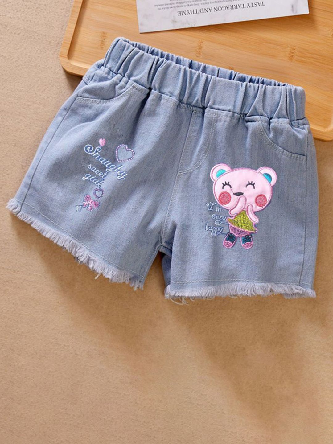 YK Girls Cotton Embellished Washed Denim Shorts
