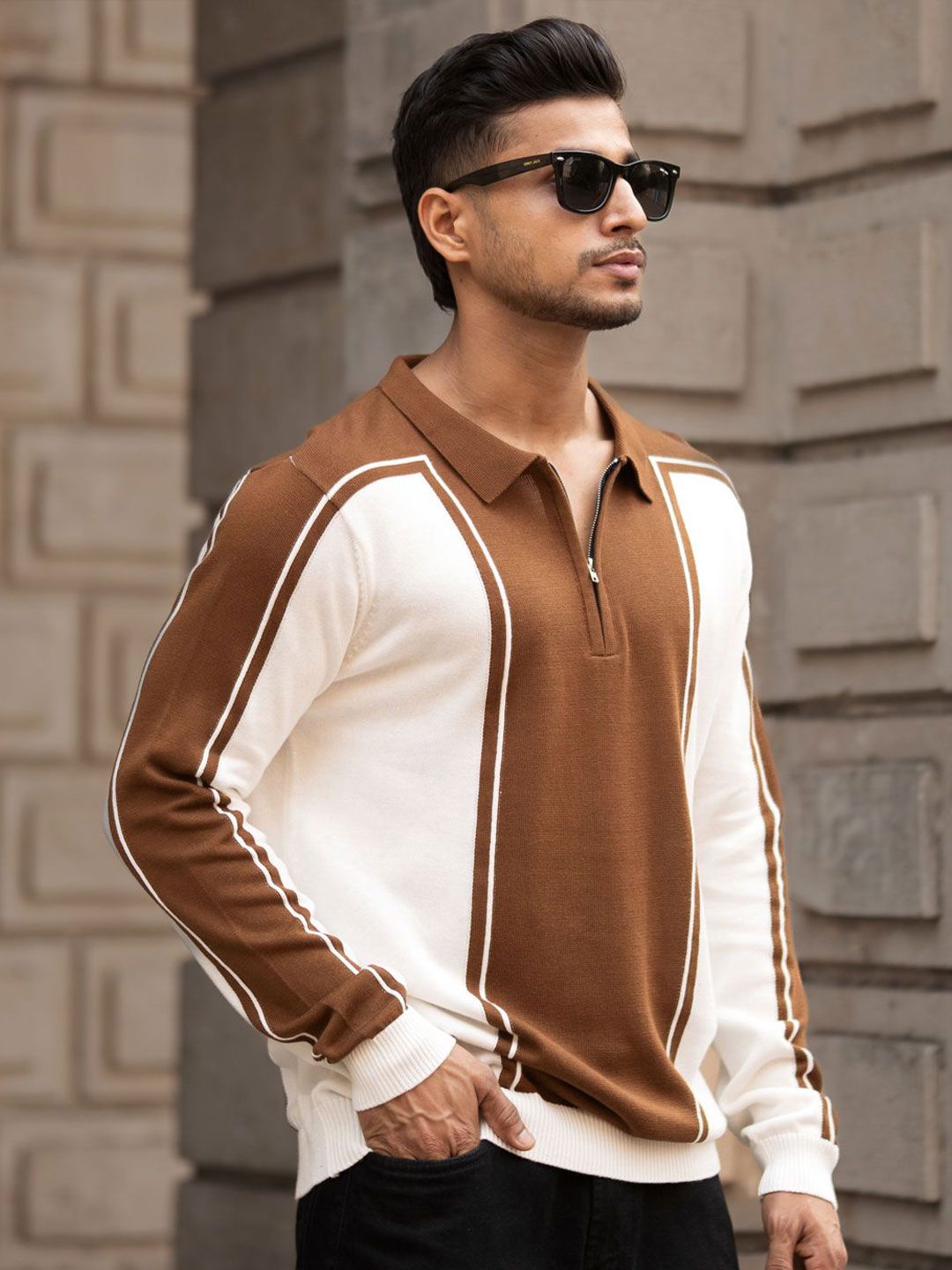 Powerlook Men Colourblocked Polo Collar Pure Cotton Casual Sweatshirt