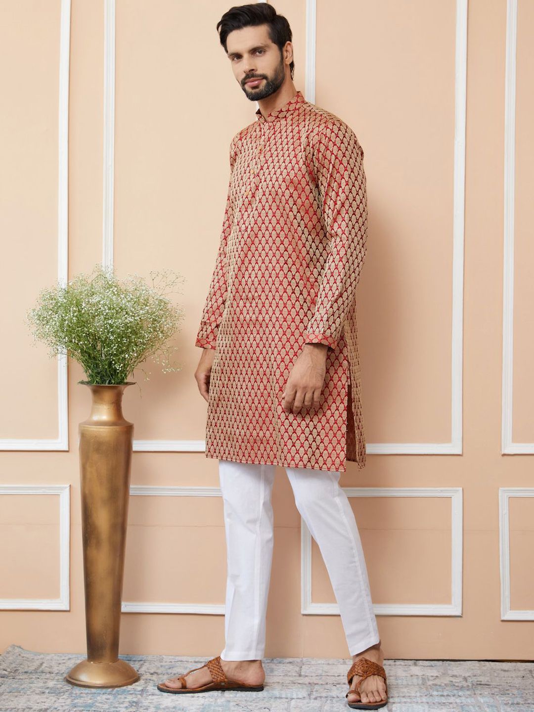 See Designs Ethnic Motifs Woven Design Mandarin Collar Silk Jacquard Straight Kurta
