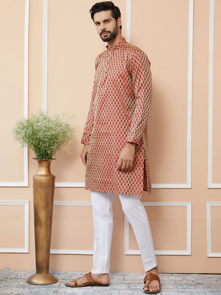 See Designs Ethnic Motifs Woven Design Mandarin Collar Silk Jacquard Straight Kurta