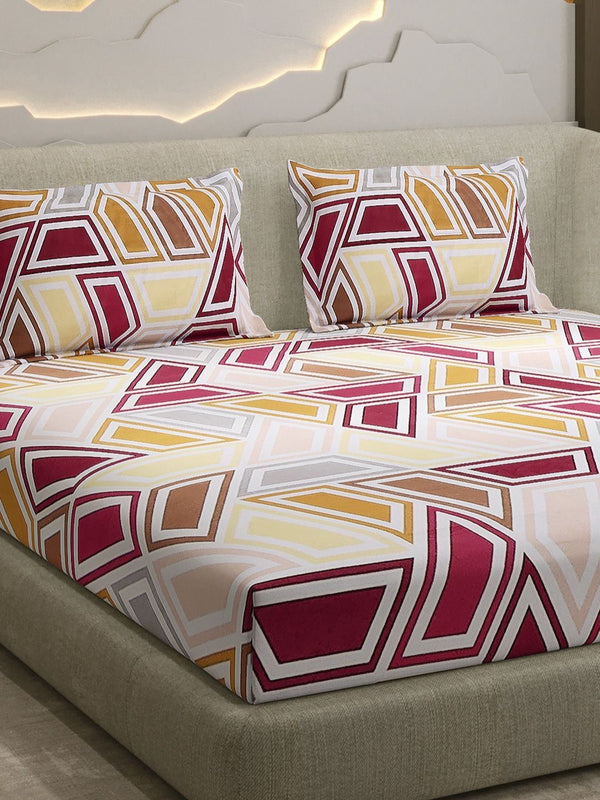 Monte Carlo Pink & White Printed Cotton 104 TC Queen Bedsheet Set 2.24 m x 2.54 m