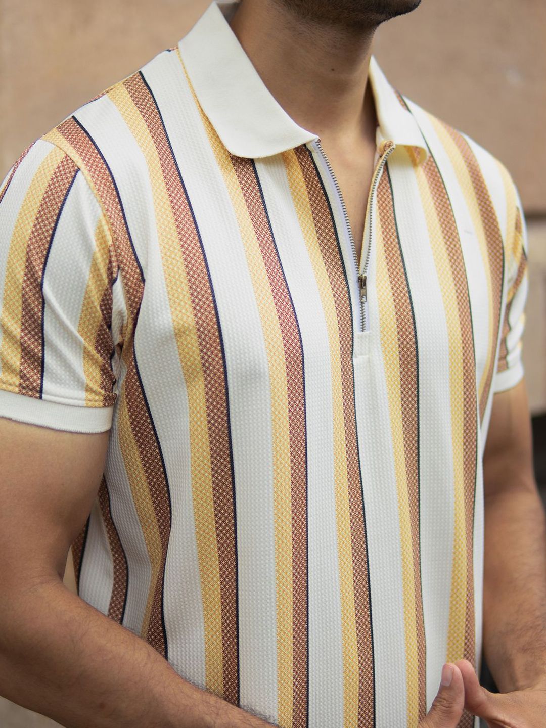 Powerlook Men Mustard Printed Stripe T-Shirt