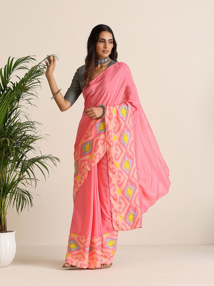 trueBrowns Pink Lime Muslin Ikat Saree