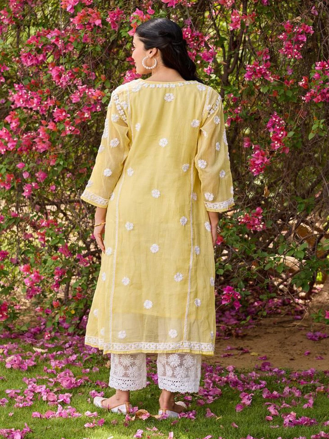 House of Chikankari Women Yellow Kota Chikankari Embroidered Kurta