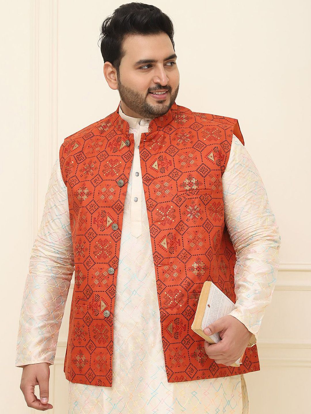 SOJANYA PLUS Men Plus Size Printed Mandarin Collar Nehru Jacket