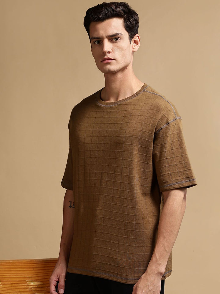 Eszett Men Checked Round Neck Oversized Cotton T-shirt