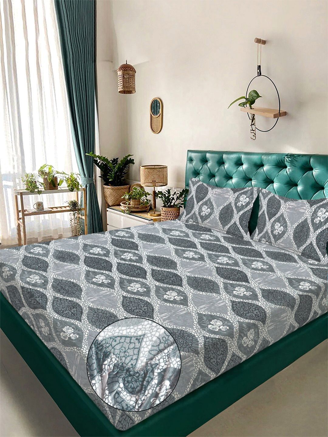 Myntra Elegant Homes Grey Geometric Dipasang Set Cadar King Woolen 300TC- 250X225cm