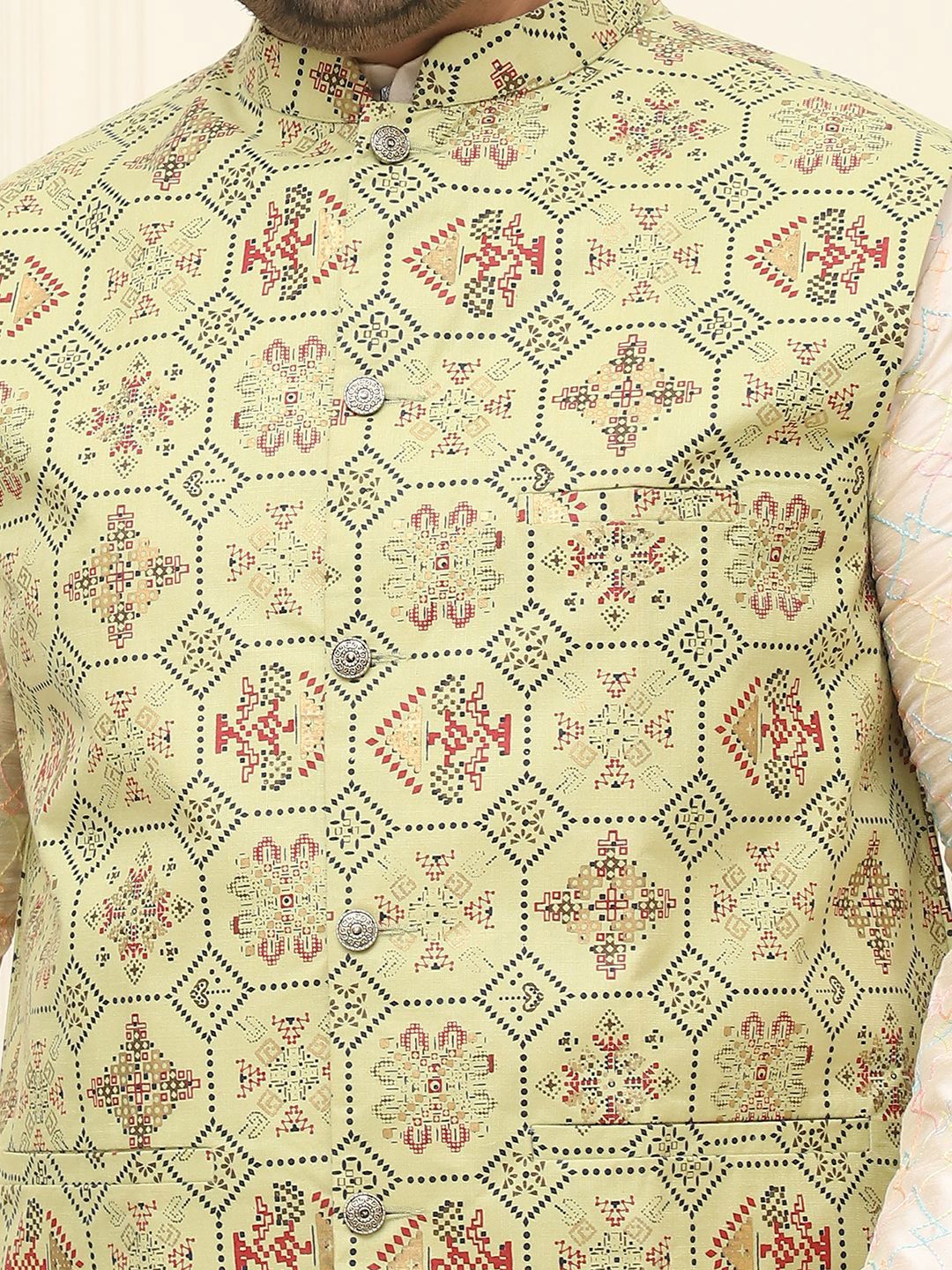 SOJANYA PLUS Men Printed Mandarin Collar Cotton Linen Nehru Jacket