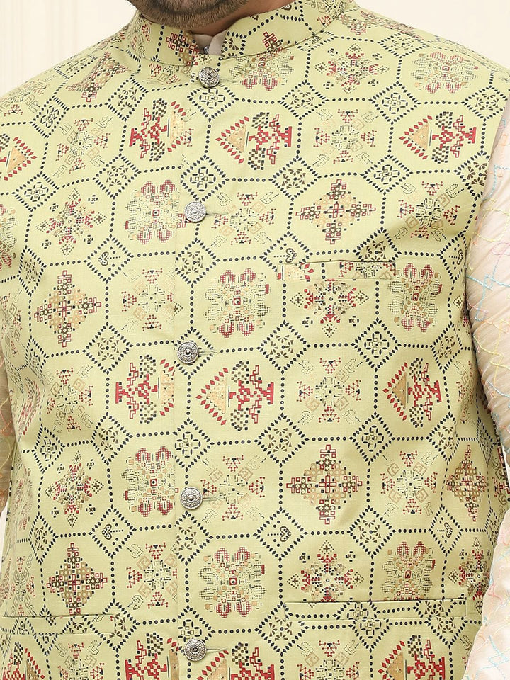 SOJANYA PLUS Lelaki Printed Mandarin Collar Cotton Linen Jaket Nehru