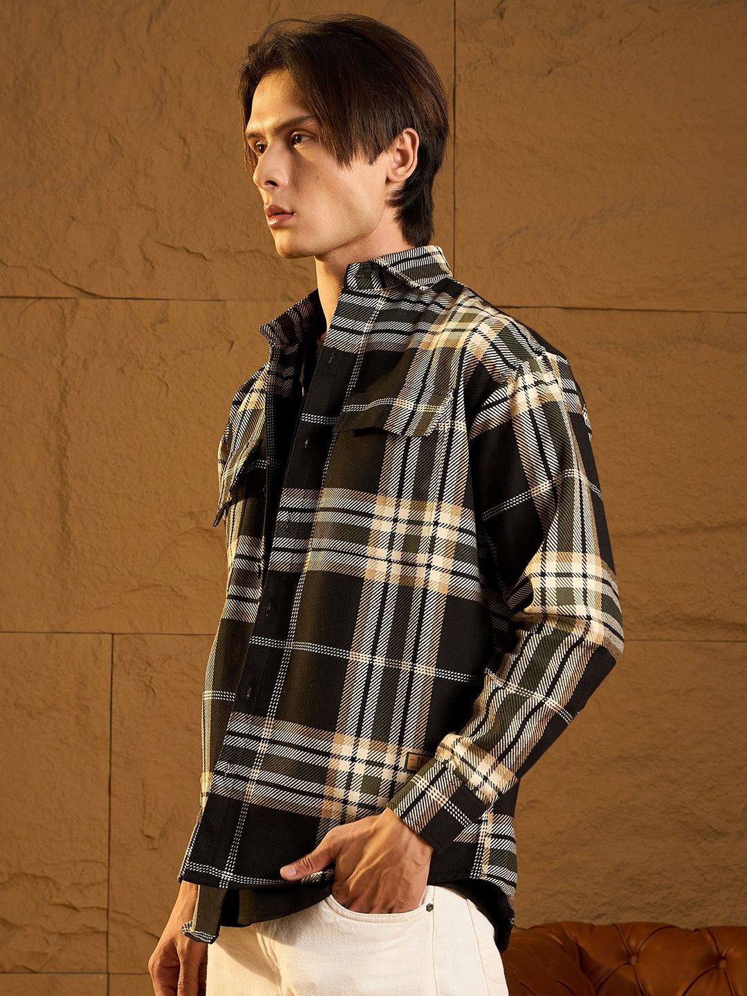 DENNISON Men Double Pocket Drop Shoulder Oversized Cotton Checked Shacket
