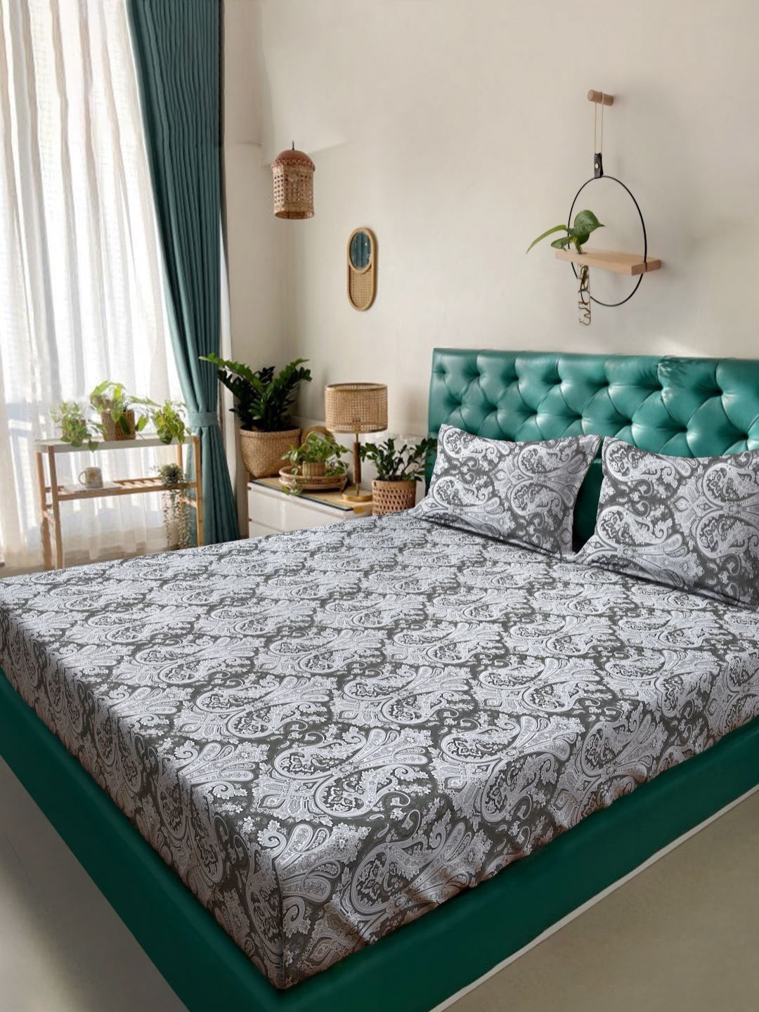 KLOTTHE Olive Paisley Kapas Tulen 400 TC Cadar King Halus dengan 2 Sarung Bantal-106 x 106 inci