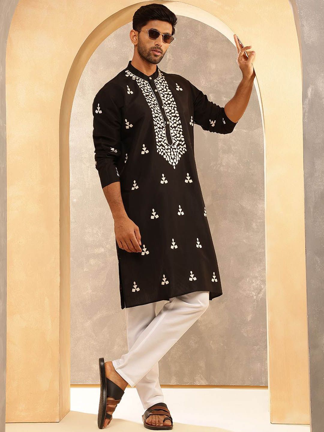Anouk Geometric Sulam Benang Kerja Kapas Sutera Kurta Lurus dengan Piyama