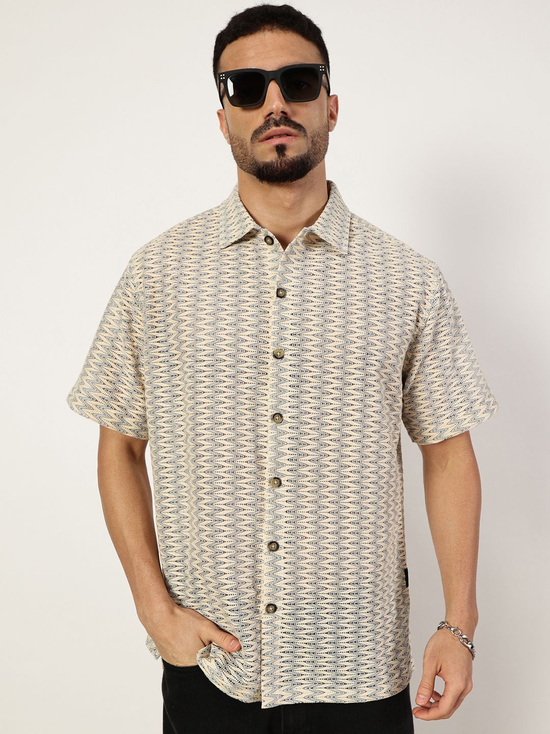 Thomas Scott Men Premium Spread Collar Vertical Striped Cotton Slim Fit Casual Shirt