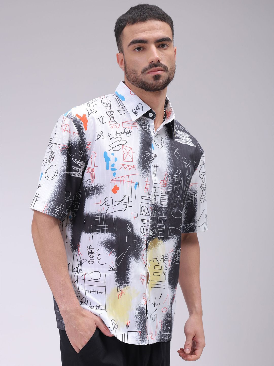 The Indian Garage Co Men Cutaway Collar Abstract Printed Boxy Fit Resortwear Shirt